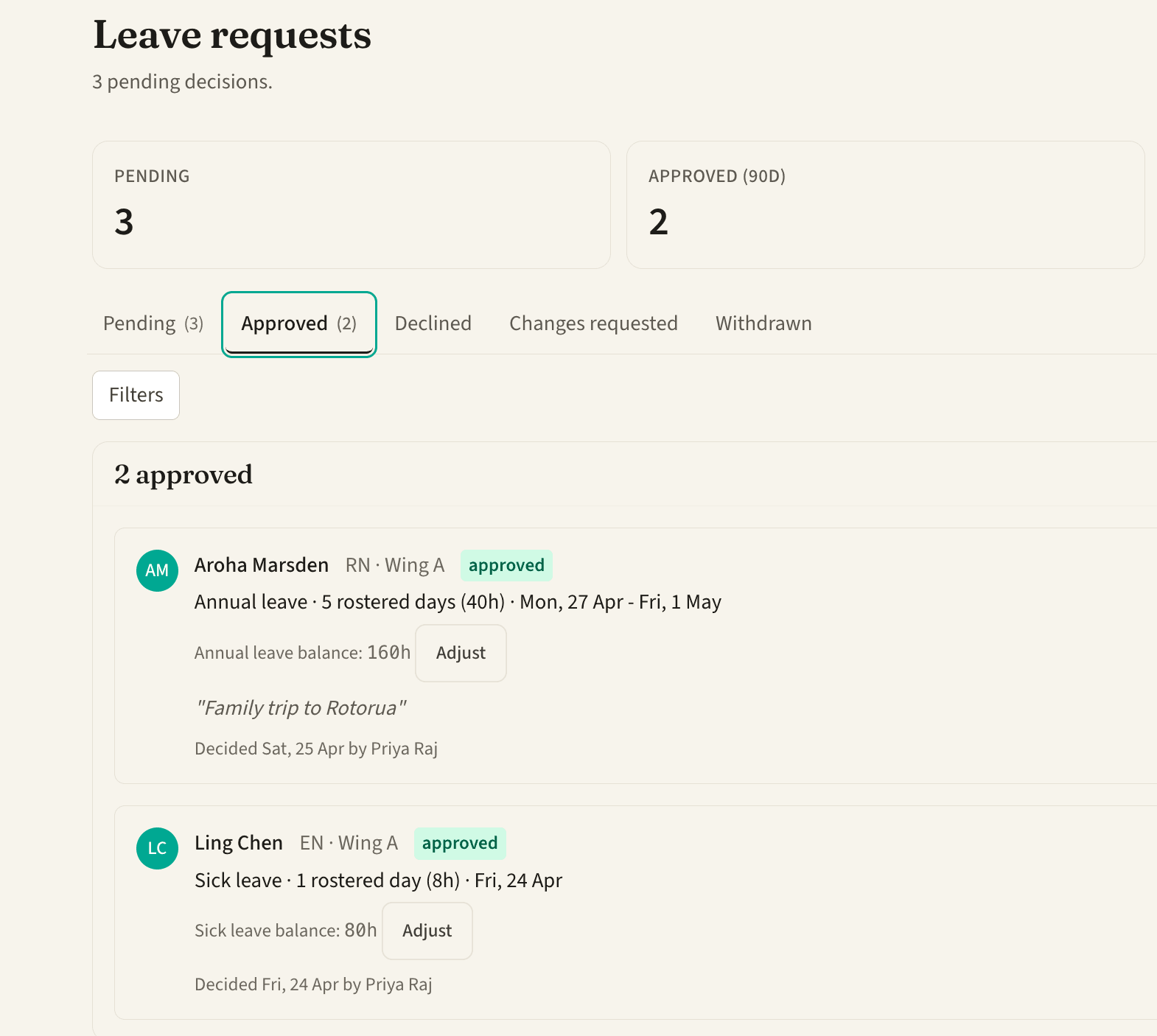 Leave requests with pending decisions, leave balances beside each request, and one-tap approve