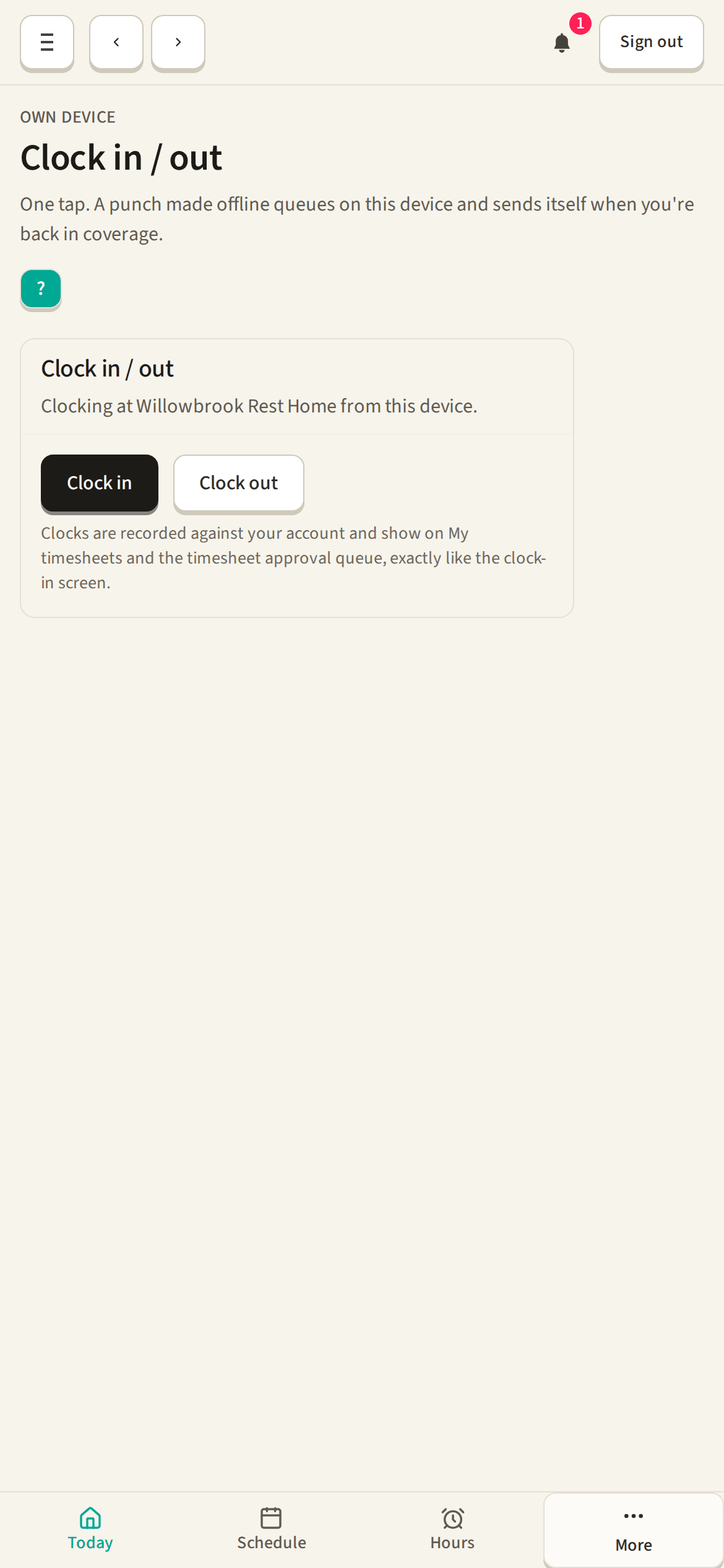 Door check-in on a support worker's phone: the visit address, the check-in button and the time recorded