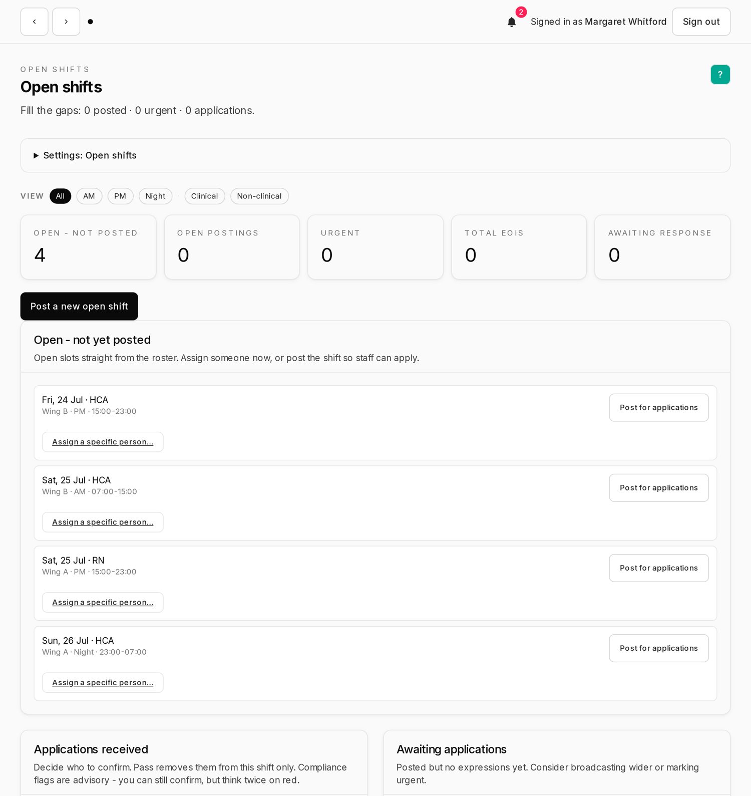 Open shifts board with applications to confirm