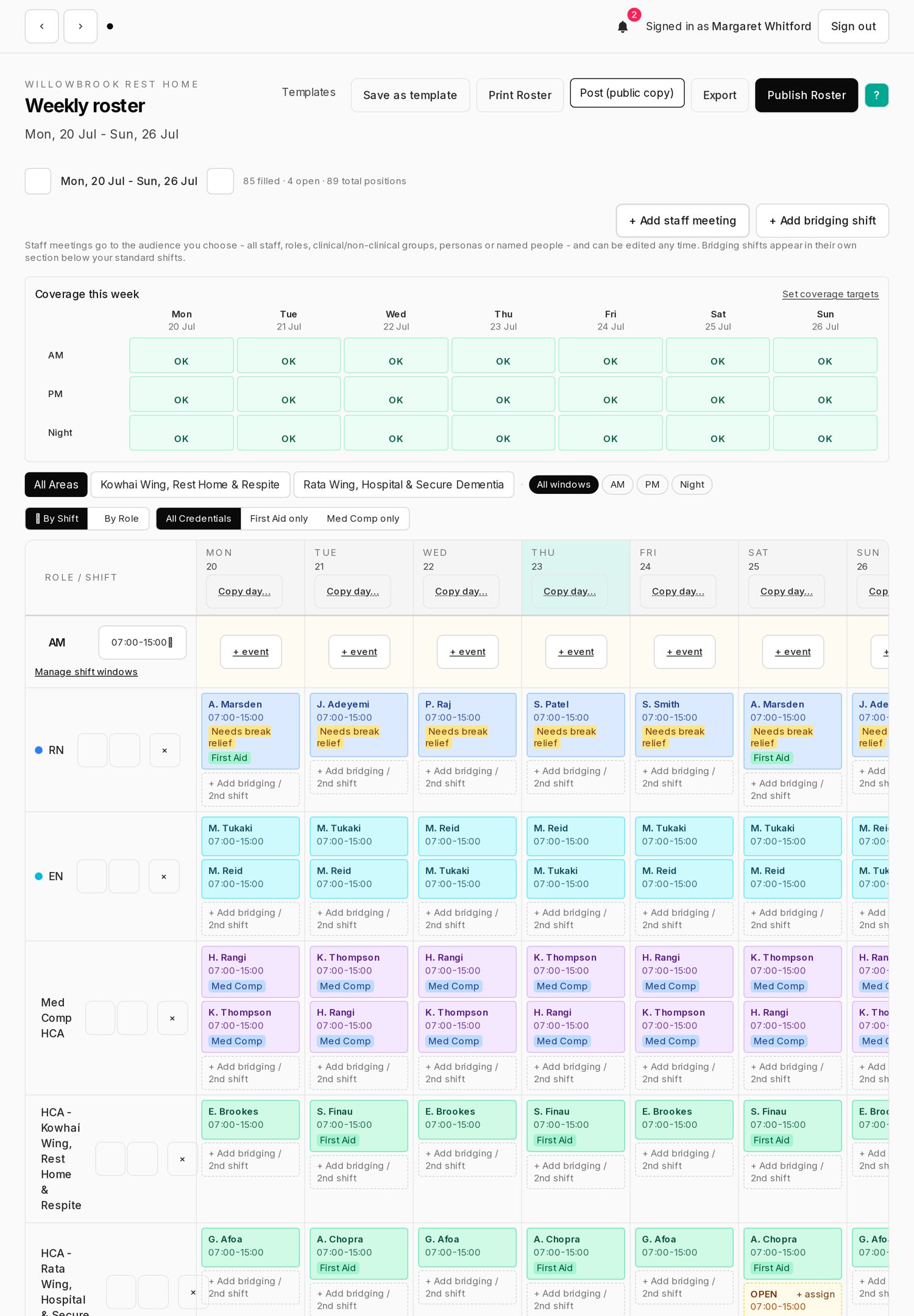 Weekly roster with a green coverage overview across every shift window